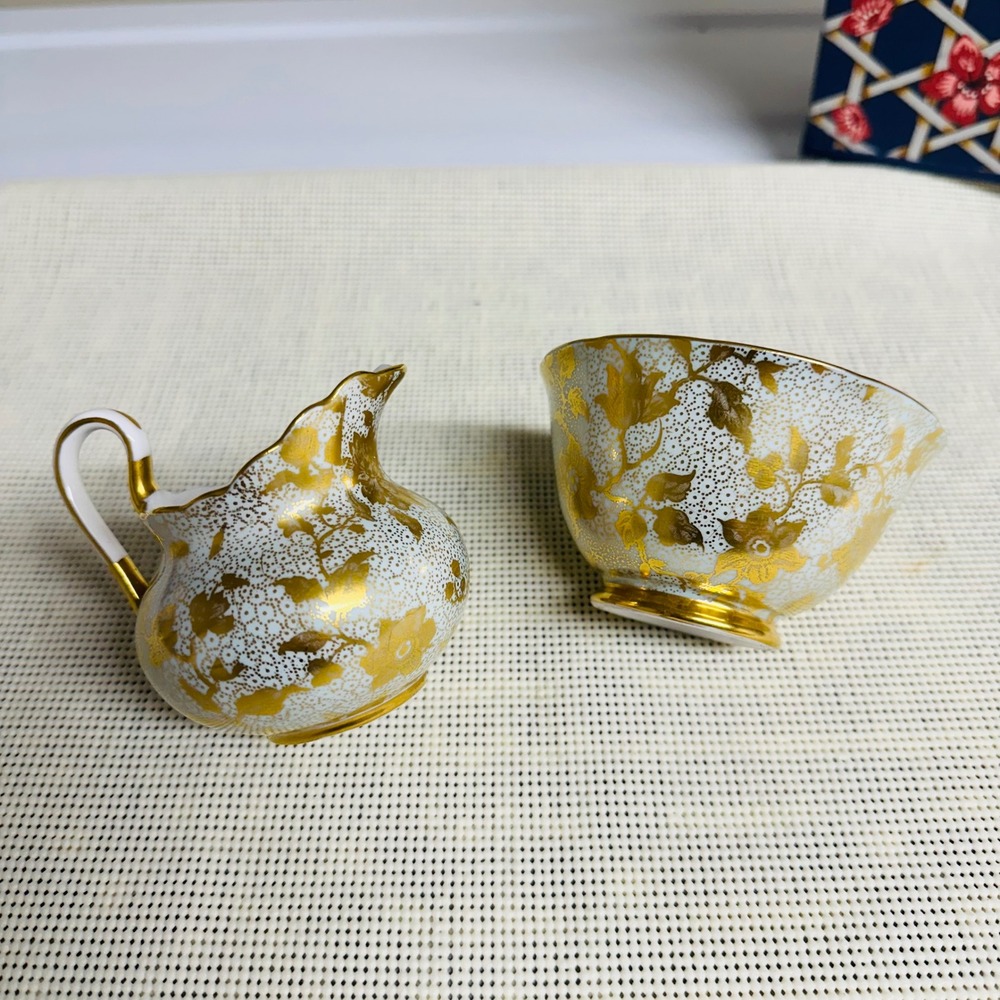 Tuscan England Vintage Teal and Gold Vine Pattern Creamer Pitcher & Small Bowl